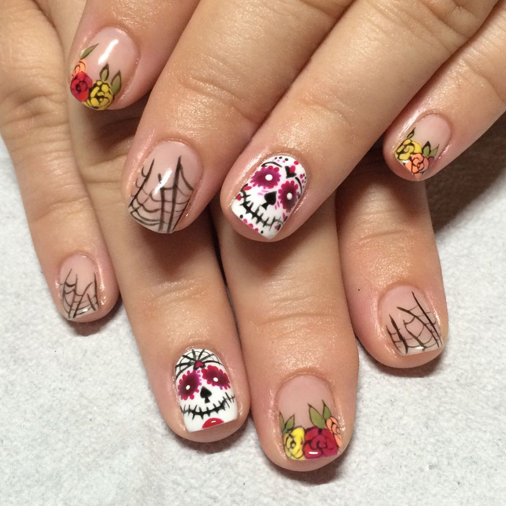 Day of the Dead Themed Short Length Oval Pink Press On Nails with Sugar Skull Accent Designs