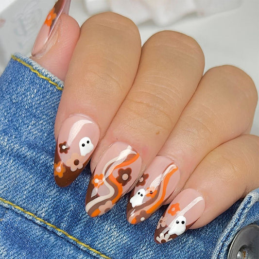 Whimsical Woodland Almond-Shaped Long Length Peach Press On Nail Set with Adorable Animal Accents