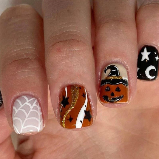 Spooky Elegance Short Length Square Shape Halloween Press On Nail Set with Glitter Accents and Seasonal Motifs