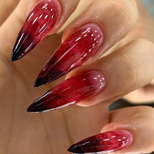 Vampire Elegance Long Stiletto Ombre Red to Black Press On Nails with Accent Rhinestones