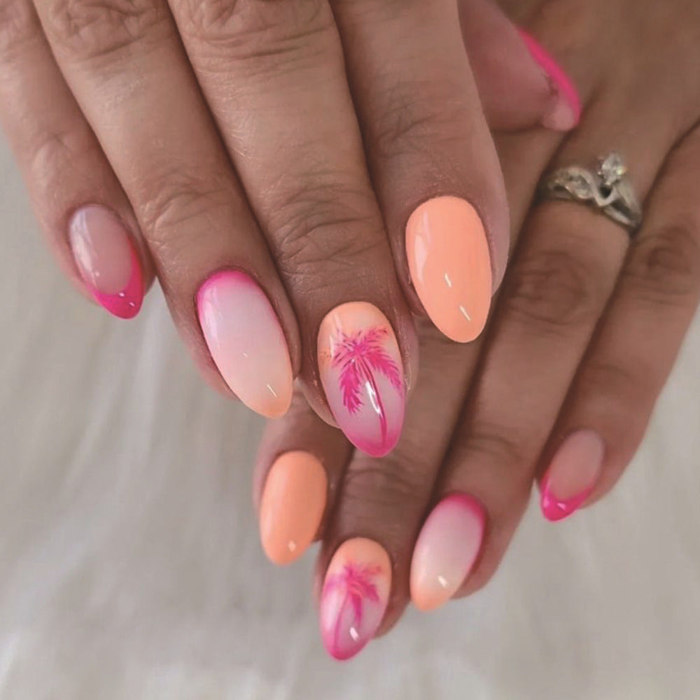 Tropical Paradise Long Almond Coral Pink Press On Nail Set with Palm Tree Design