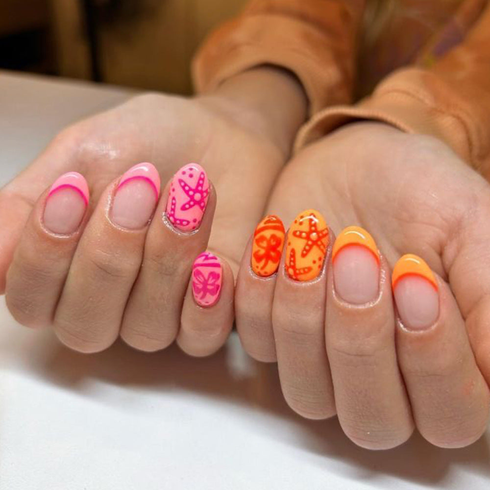 Underwater Adventure Medium Almond Neon Pink and Orange Starfish Press On Nail Set for Stylish Summer Vibes