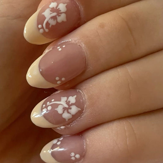 Tropical Blossom Almond Press On Nail Set Medium Beige Floral Design