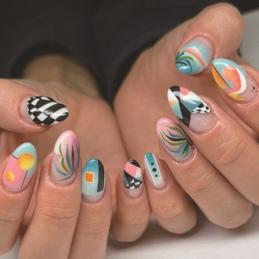 Tropical Paradise Almond Shape Long Multicolor Abstract Art Press On Nail Set