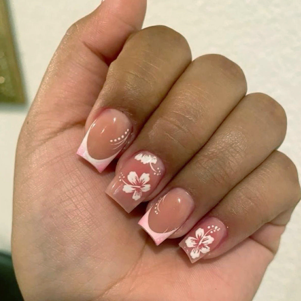 Tropical Blossom Square Medium Length Pink Transparent Nail Set with Floral Designs