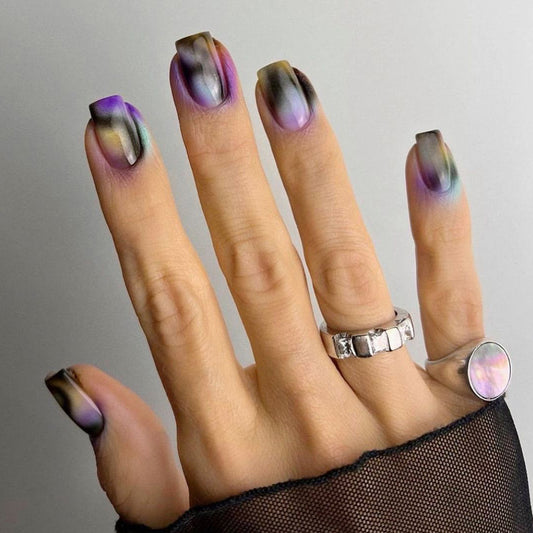 Galactic Dreams Medium Square Press On Nail Set in Purple Ombre with Iridescent Finish