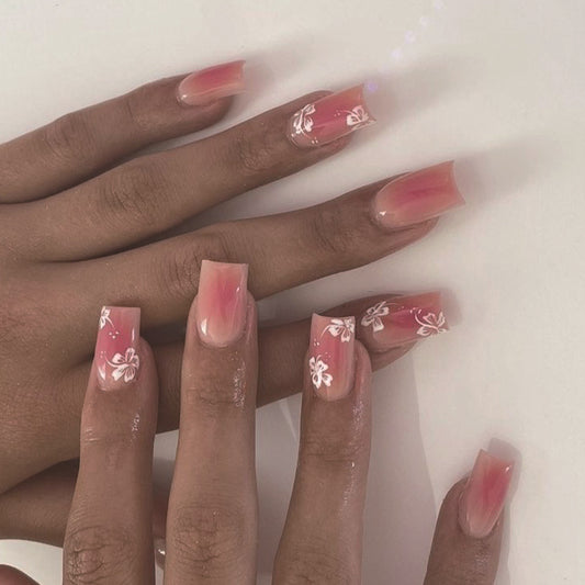 Tropical Paradise Long Square Pink Ombre Press On Nail Set with Delicate Floral Accents