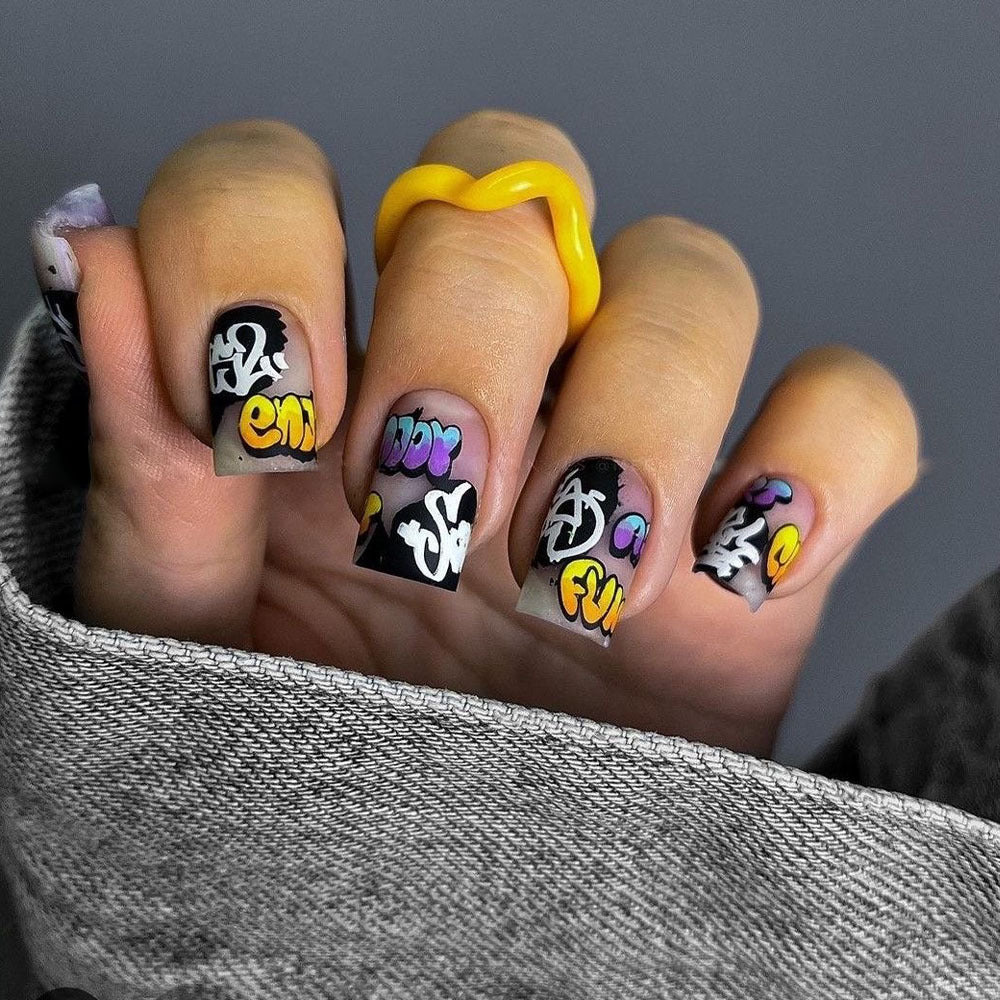 Urban Graffiti Chic Short Square Press On Nails in Black Purple Yellow with Playful Comic Style Design