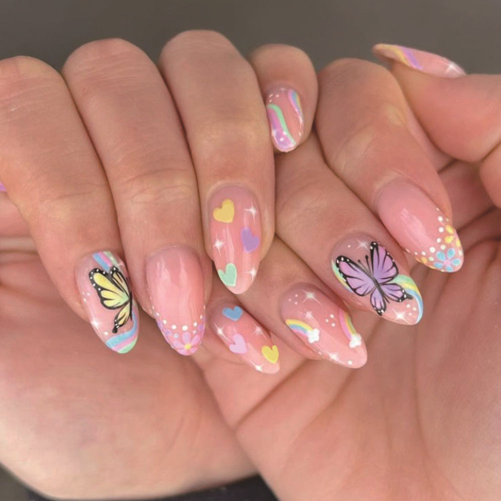 Whimsical Butterflies Long Almond Pink Press On Nail Set with Colorful Heart and Rainbow Designs