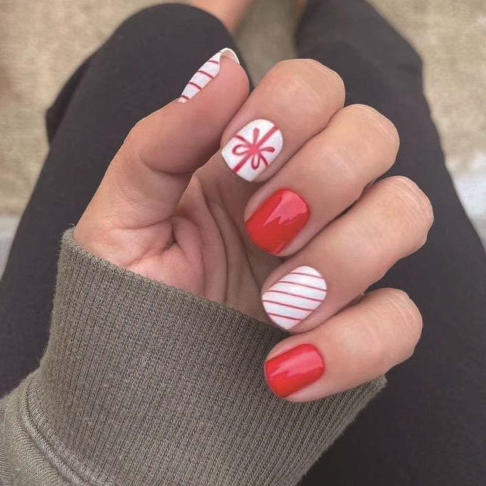 Festive Holiday Glam Short Square Red and White Press On Nail Set with Gift Box Design