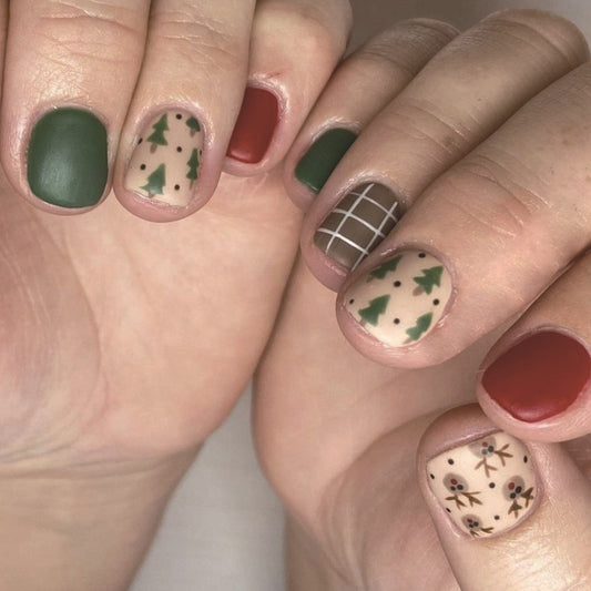 Festive Winter Wonderland Short Square Red Green and Beige Press On Nail Set with Holiday Tree and Floral Designs