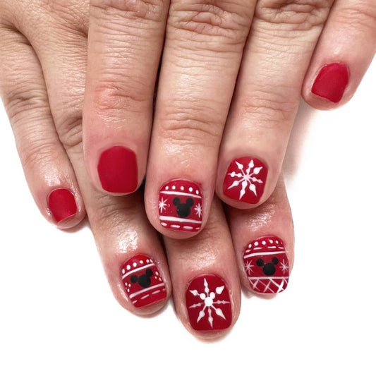 Holiday Joy Red Square Press On Short Nail Set with Festive Mickey Mouse and Snowflake Designs