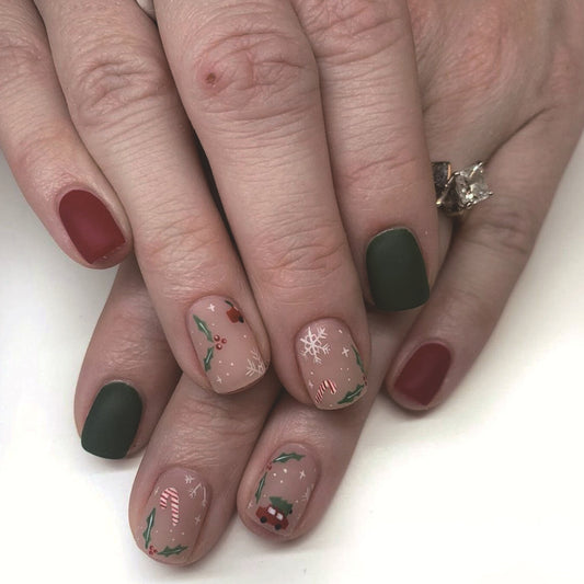 Holiday Cheer Medium Square Matte Green and Red Press On Nail Set with Festive Christmas Designs