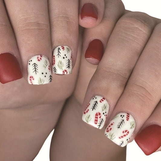 Festive Winter Wonderland Medium Square Red and White Press On Nail Set with Candy Cane and Pine Tree Designs