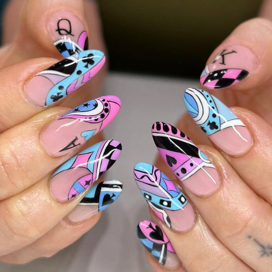 Playing Card Glamour Long Almond Shaped Pink and Blue Press On Nail Set Featuring Unique Designing Elements