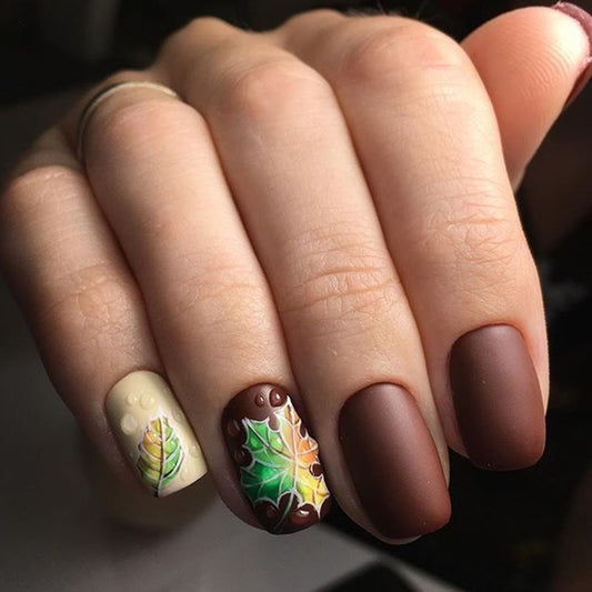 Autumn Elegance Medium Square Brown and Cream Press On Nail Set with Leaf Design and Matte Finish