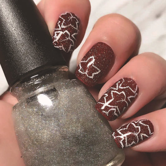 Autumn Elegance Medium Square Burgundy Press On Nail Set with Sparkling Leaf Design