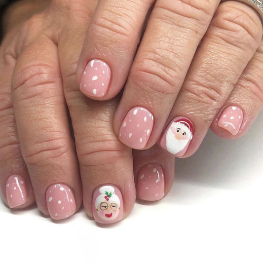 Festive Winter Wonderland Square Natural Pink Press On Short Nail Set with Santa and Mrs Claus Designs