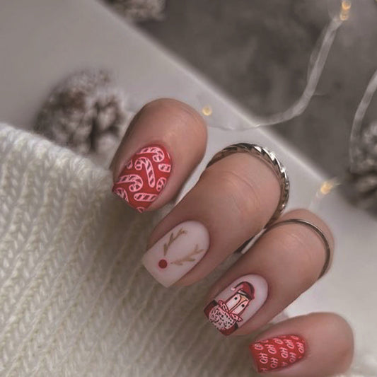 Festive Candy Cane Medium Square Red and White Press On Nail Set with Holiday Character Design