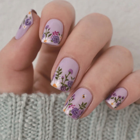 Whimsical Floral Charm Medium Square Lilac Press On Nail Set with Artistic Flower Designs