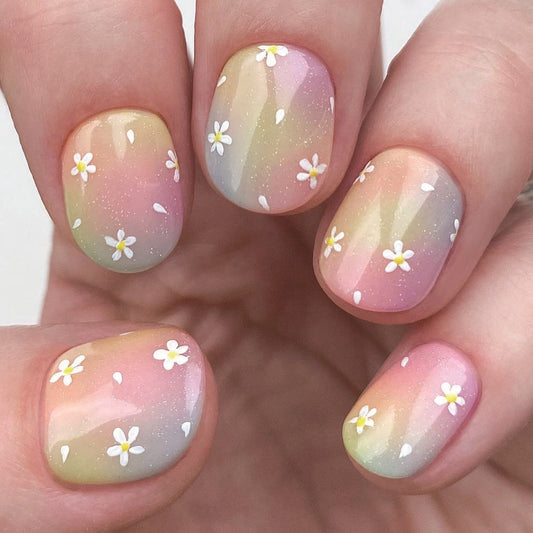 Whimsical Floral Pastel Short Round Press On Nail Set with Dainty Daisy Designs