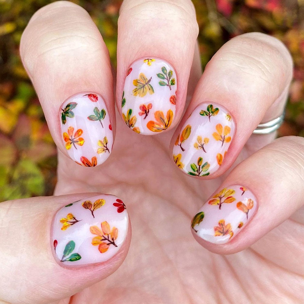 Autumn Blossom Oval Short Floral Press On Nail Set with Colorful Leaf Design