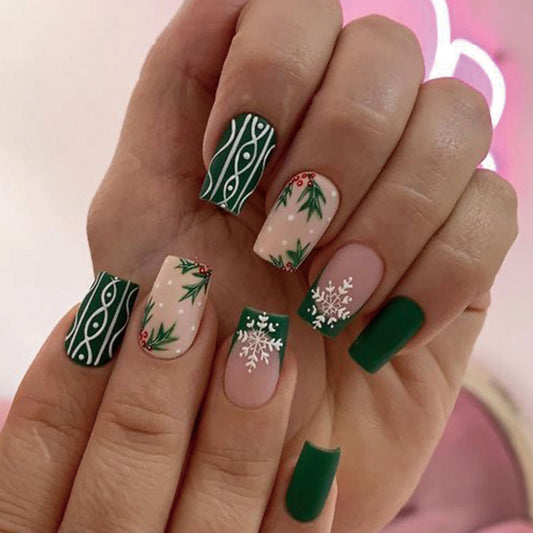 Festive Winter Wonderland Long Square Green and Beige Press On Nail Set with Holiday Floral and Snowflake Designs