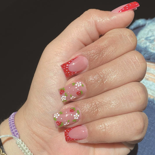 Strawberry Patch Long Square Red and Pink Press On Nail Set with Floral Design