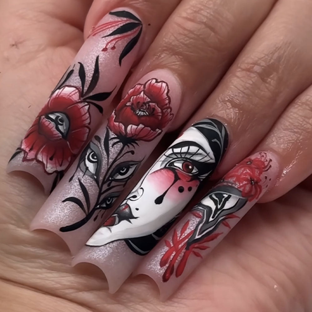 Mystical Floral Design Extra Long Square Shape Red and Black Artistic Press On Nail Set