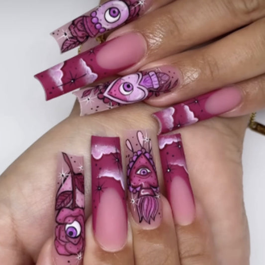 Whimsical Wonderland Extra Long Square Press On Nail Set in Berry Pink with Unique Illustrated Characters