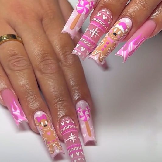 Sweet Treats Long Square Pink Press On Nail Set with Candy and Gingerbread Design