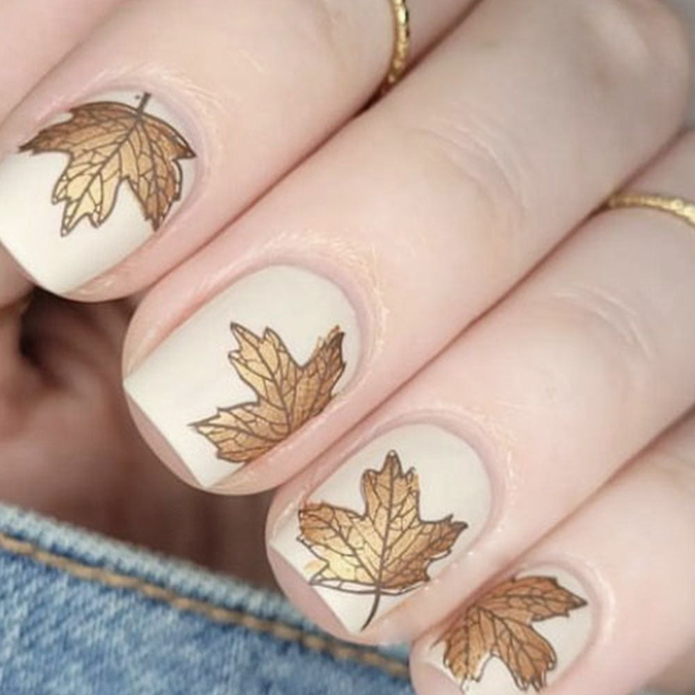 Autumn Leaves Medium Square Beige Press On Nail Set with Gold Leaf Design