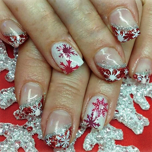 Winter Wonderland Holiday Press On Nail Set Medium Square Red and Silver Glitter with Snowflake Design