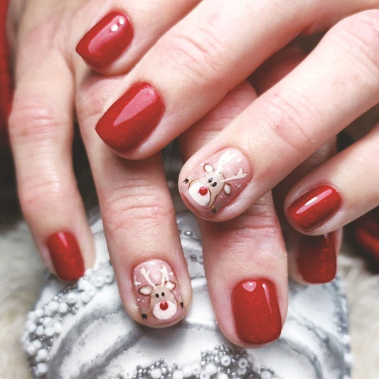 Festive Rudolph Inspired Short Square Red Press On Nail Set with Adorable Reindeer Accent Design