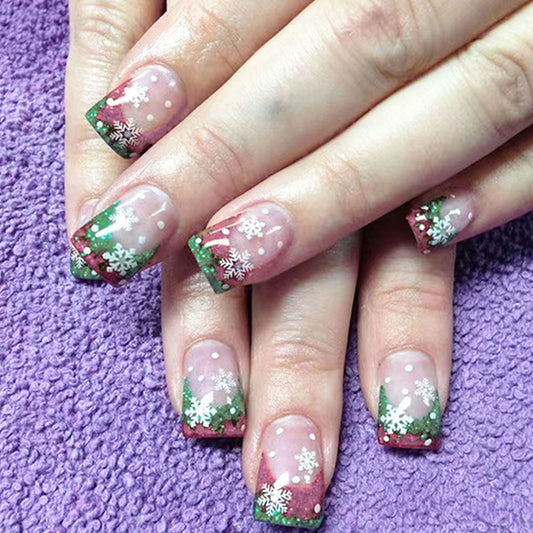 Winter Wonderland Square Press On Nail Set medium green and red snowflake design with glitter accents