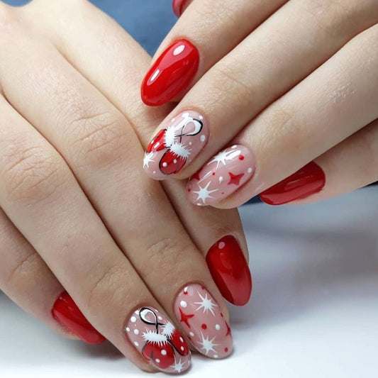 Festive Red Glamour Medium Almond Shaped Glossy Red and Cute Holiday Themed Nails Set