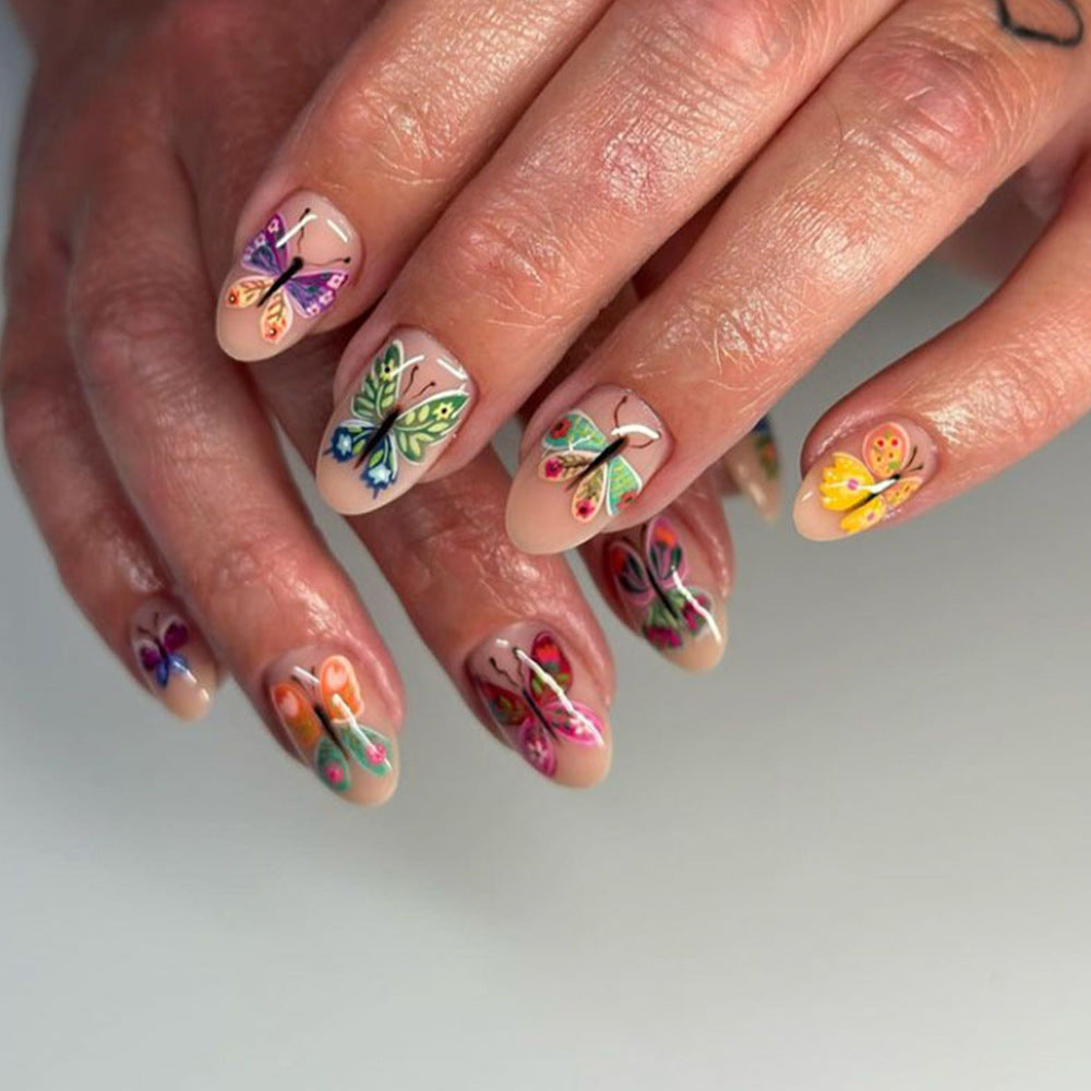 Butterfly Garden Long Almond Beige Press On Nail Set with Colorful Floral and Butterfly Art Design