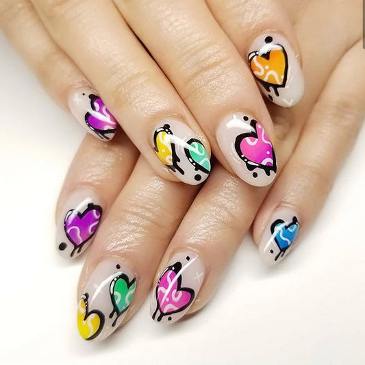 Whimsical Love Heart Press On Nail Set Medium Oval Multicolored with Dripping Paint Design