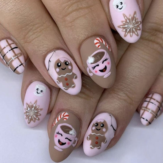 Gingerbread Delight Long Almond Shape Pastel Complimenting Colors with Cute Holiday Themed Designs Press On Nail Set