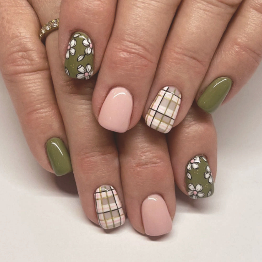 Charming Garden Vibes Short Square Olive Green and Soft Pink Press-On Nail Set with Floral and Plaid Patterns