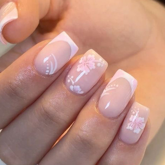 Blossom Delight Short Square Light Pink Floral Design Press On Nail Set