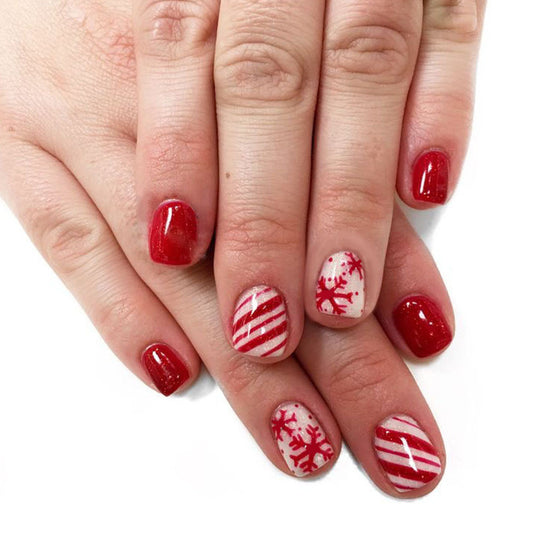 Winter Wonderland Short Square Red Metallic Press On Nail Set with Festive Snowflake and Candy Cane Designs