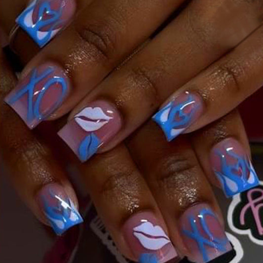 Romantic Garden Medium Square Blue Press On Nail Set with Unique Kiss and Rose Design