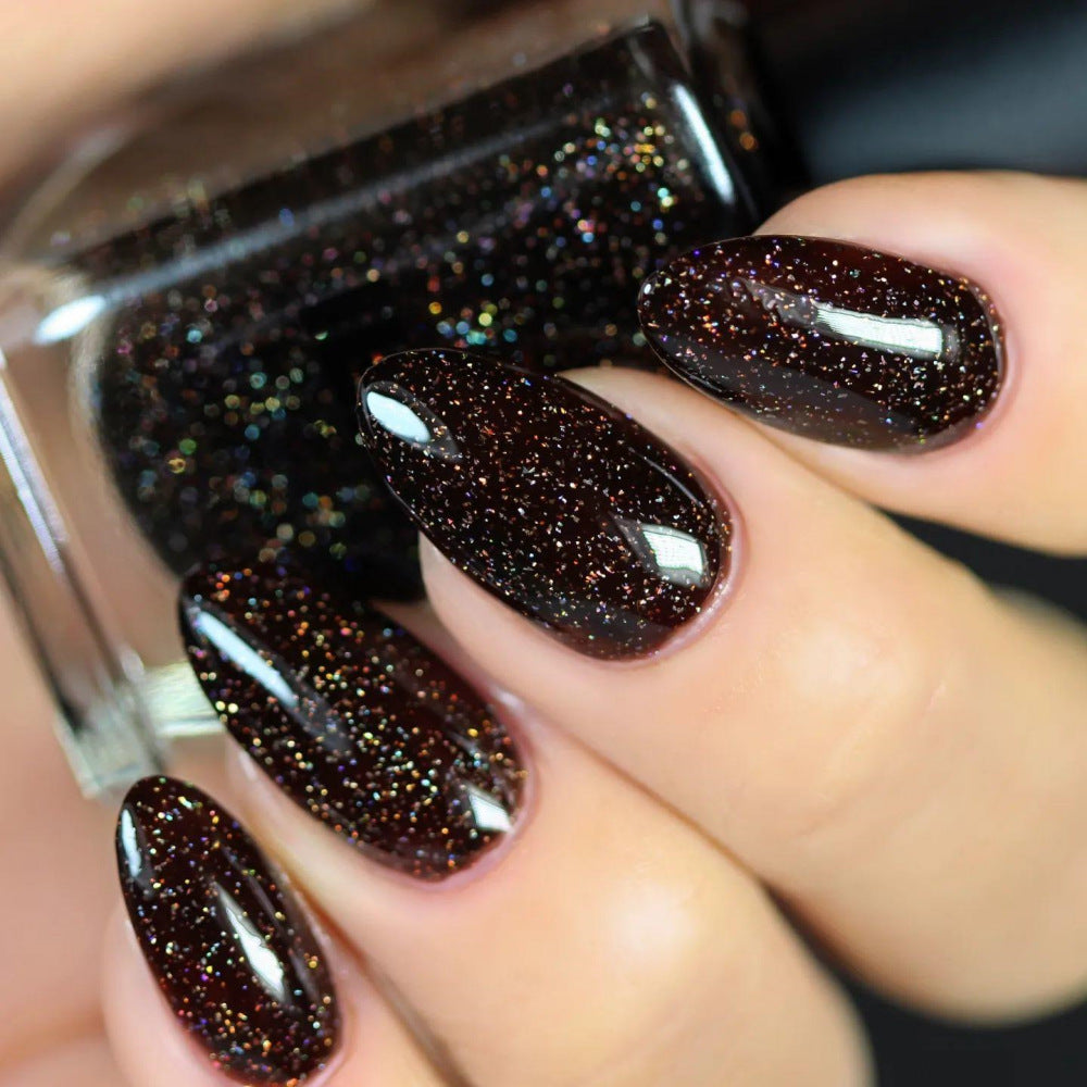 Starry Night Medium Oval Black Holographic Glitter Press On Nail Set