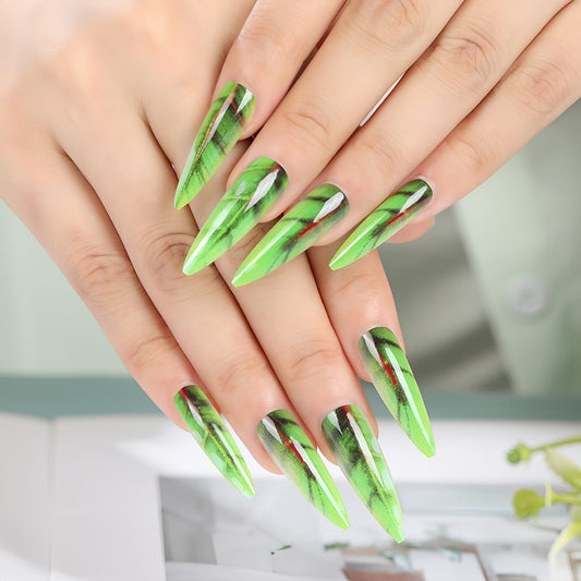 Tropical Jungle Long Stiletto Press On Nail Set in Vibrant Green with Stylish Leaf Design