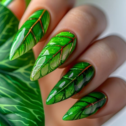 Tropical Escape Long Stiletto Green Leaf Press On Nail Set with Glitter Accents