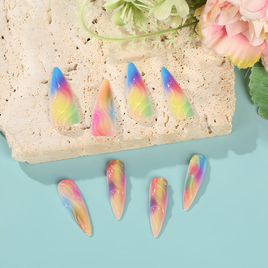 Summer Sunset Vibes Long Stiletto Rainbow Press-On Nails with Subtle Swirl Pattern