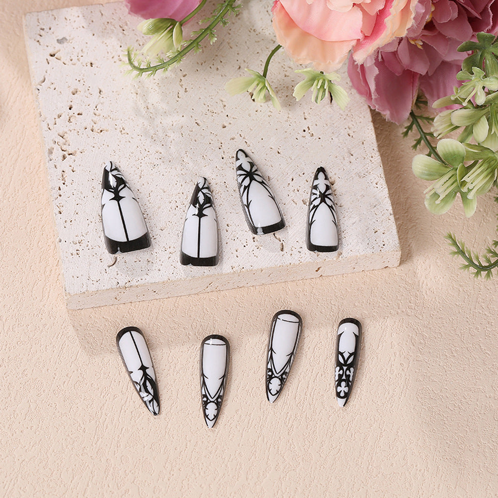 Gothic Elegance Extra Long Stiletto Press On Nails Black and White Floral Design Set