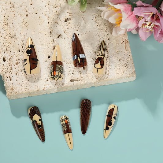 Tribal Artistry Press On Nail Set Long Stiletto Shape Natural Beige and Rich Brown with Unique Hand Painted Designs