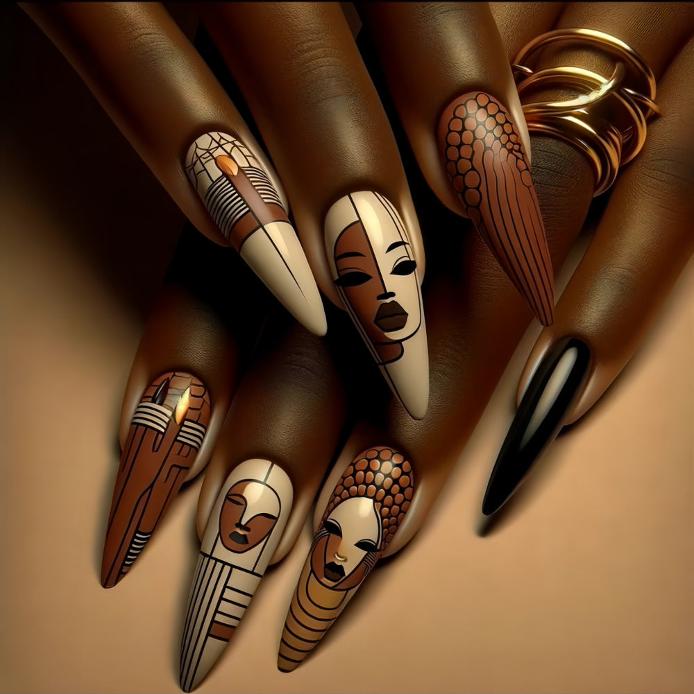 African Elegance Long Stiletto Brown and Beige Press On Nail Set with Intricate Face Designs